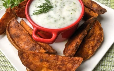 Spicy Sweet Potato Wedges with Herbed Coconut Yogurt Dip