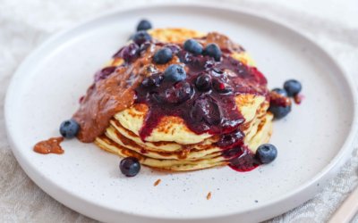 High Protein Pancakes with Almond Caramel and Blueberry Sauce